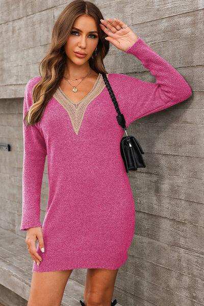 V-Neck Long Sleeve Mini Sweater Dress - Trendsi - Flyclothing LLC