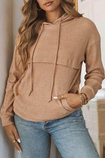 Waffle-Knit Drawstring Kangaroo Pocket Hoodie - Trendsi - Flyclothing LLC