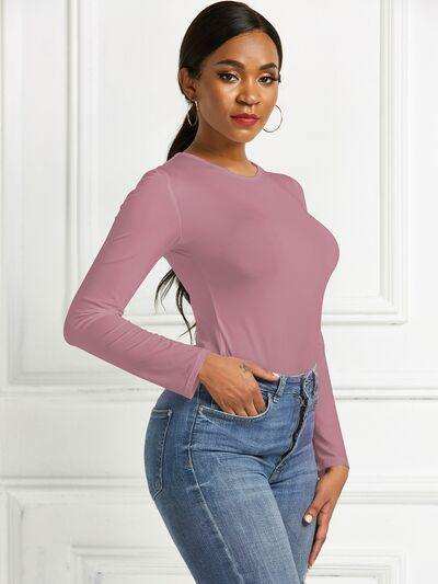 Round Neck Long Sleeve Bodysuit - Trendsi - Flyclothing LLC