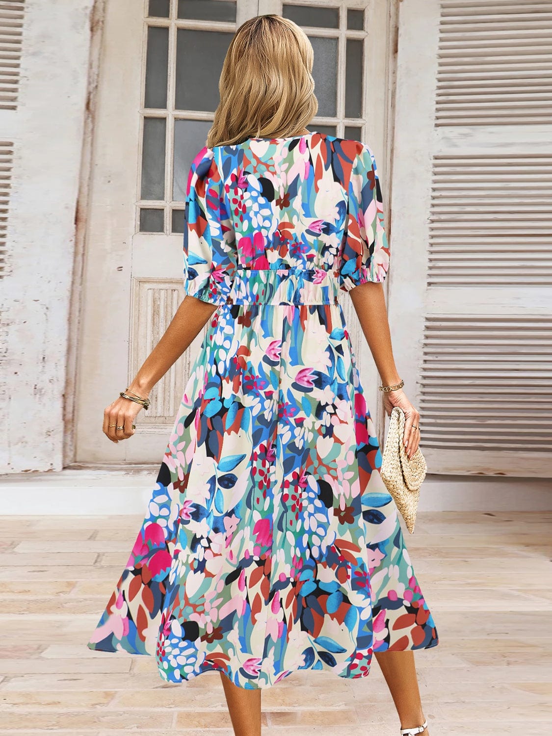 Ruched Printed Surplice Short Sleeve Dress - Trendsi