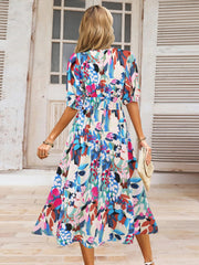 Ruched Printed Surplice Short Sleeve Dress - Trendsi