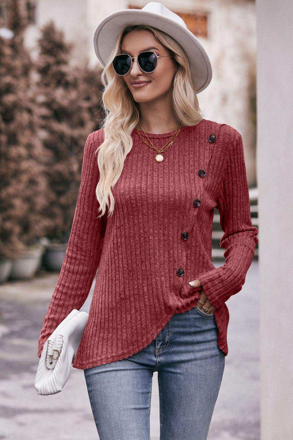 Ribbed Round Neck Buttoned Long Sleeve Tee - Trendsi - Flyclothing LLC