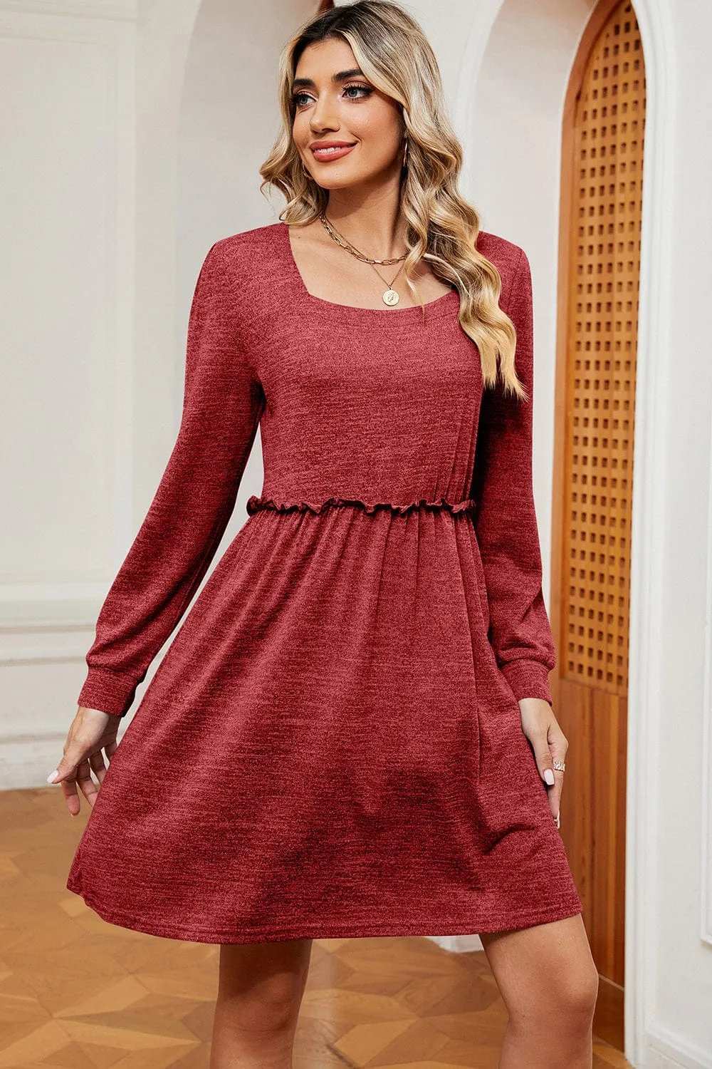 Frill Square Neck Long Sleeve Dress - Trendsi - Flyclothing LLC
