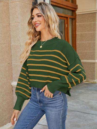 Round Neck Striped Lantern Sleeve Sweater - Trendsi - Flyclothing LLC