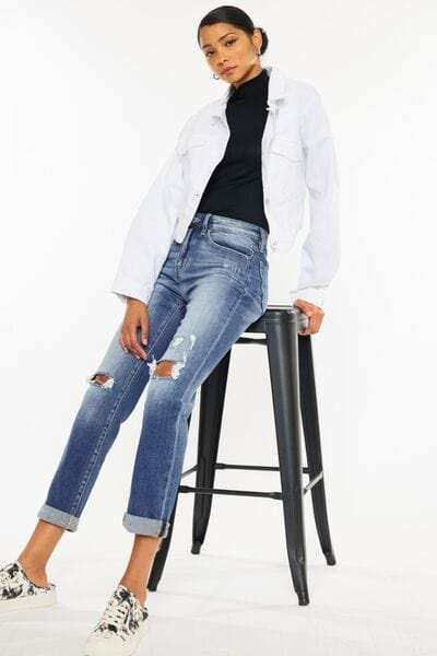 Kancan High Waist Distressed Hem Detail Cropped Straight Jeans - Trendsi - Flyclothing LLC