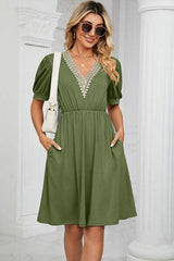 V-Neck Puff Sleeve Dress - Trendsi - Flyclothing LLC