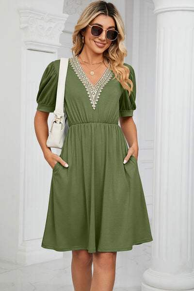 V-Neck Puff Sleeve Dress - Trendsi - Flyclothing LLC