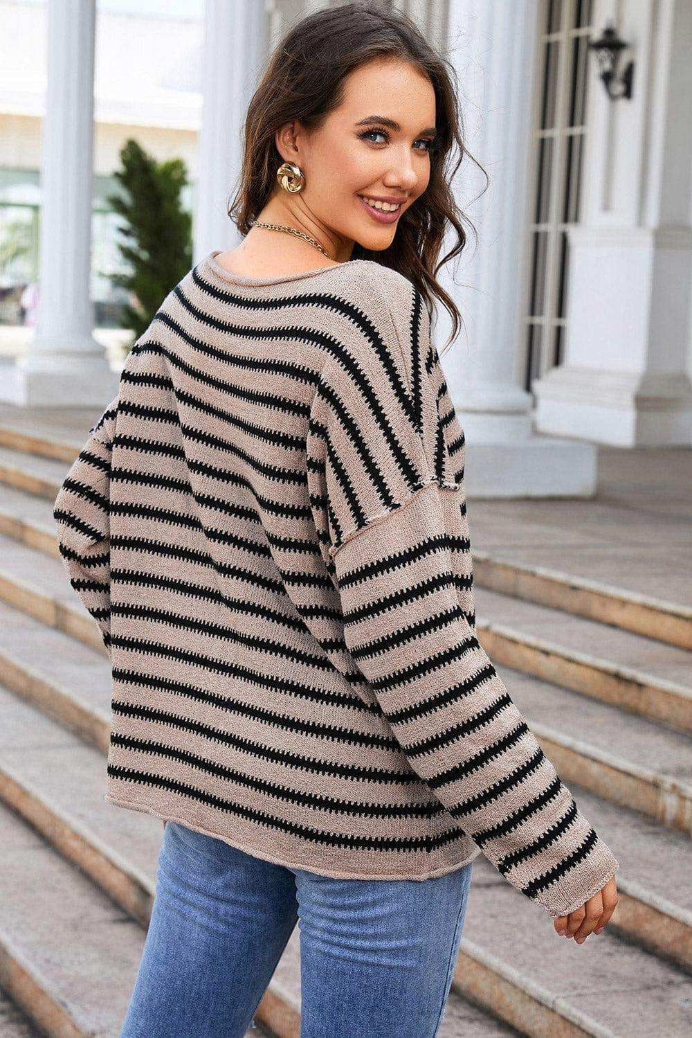 Round Neck Dropped Shoulder Knit Top - Trendsi - Flyclothing LLC