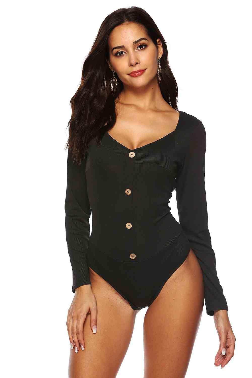 Button Detail Bodysuit - Trendsi - Flyclothing LLC