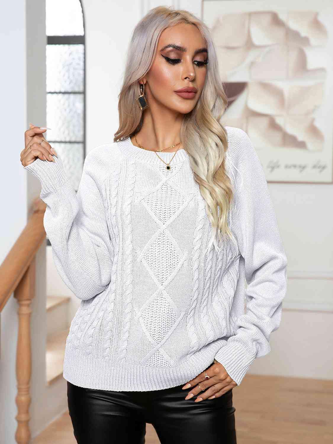 Cable-Knit Long Sleeve Sweater - Trendsi