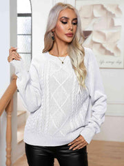 Cable-Knit Long Sleeve Sweater - Trendsi
