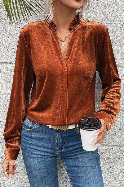 Notched Frill Detail Long Sleeve Blouse - Trendsi - Flyclothing LLC