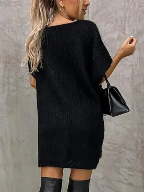 V-Neck Short Sleeve Sweater with Pockets - Trendsi - Flyclothing LLC