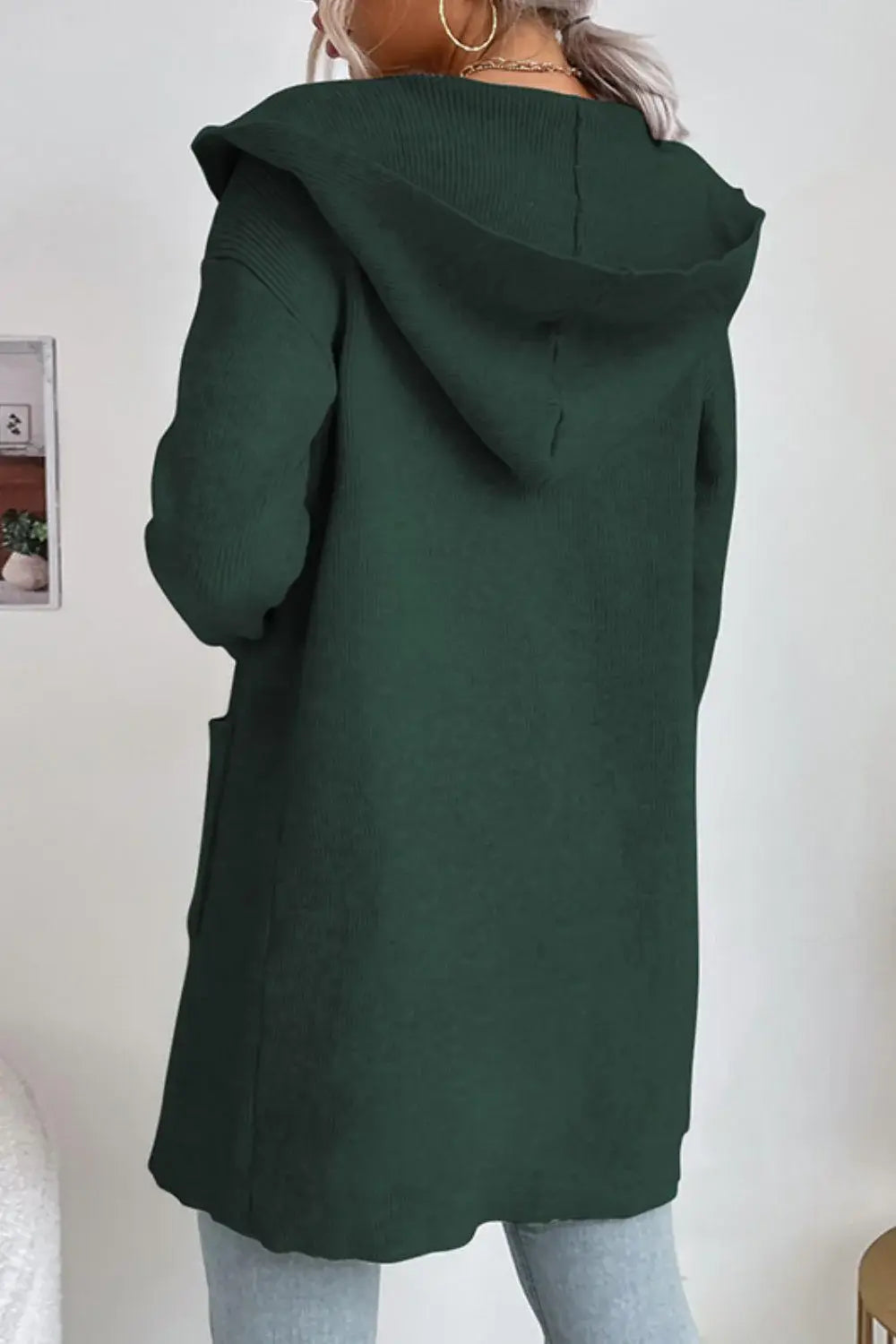 Ribbed Open Front Hooded Cardigan with Pockets - Trendsi - Flyclothing LLC