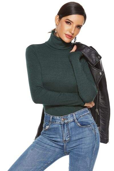 Ribbed Turtleneck Long Sleeve Bodysuit - Trendsi - Flyclothing LLC