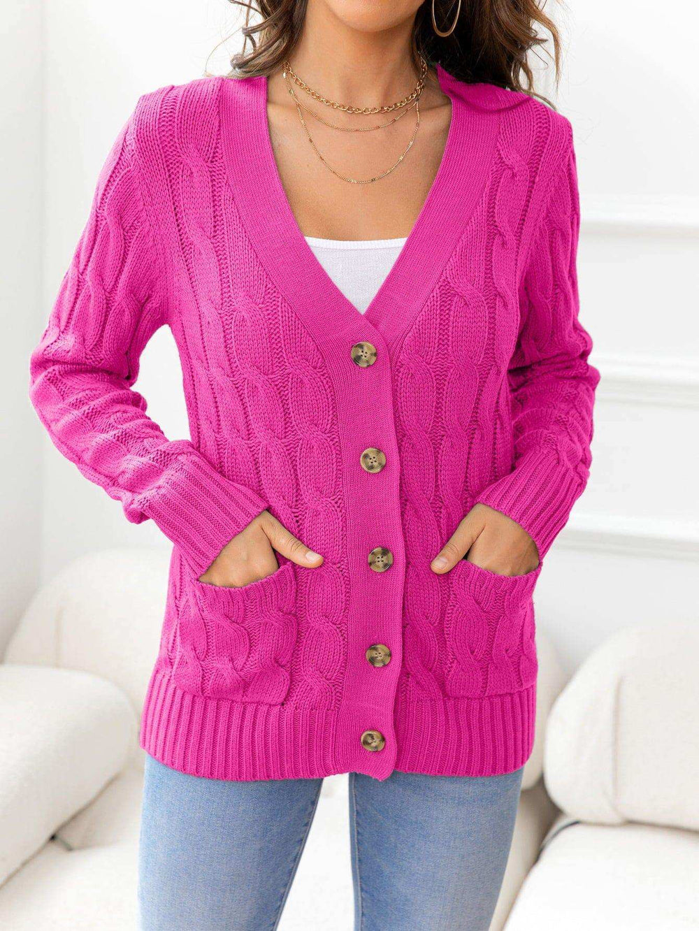 Button Down Cable-Knit Cardigan - Trendsi - Flyclothing LLC