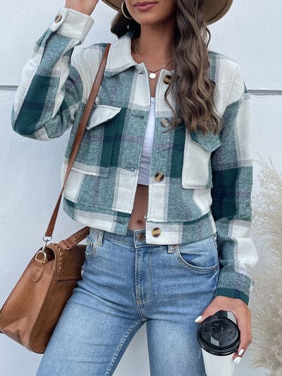 Plaid Button Up Drop Shoulder Cropped Jacket - Trendsi