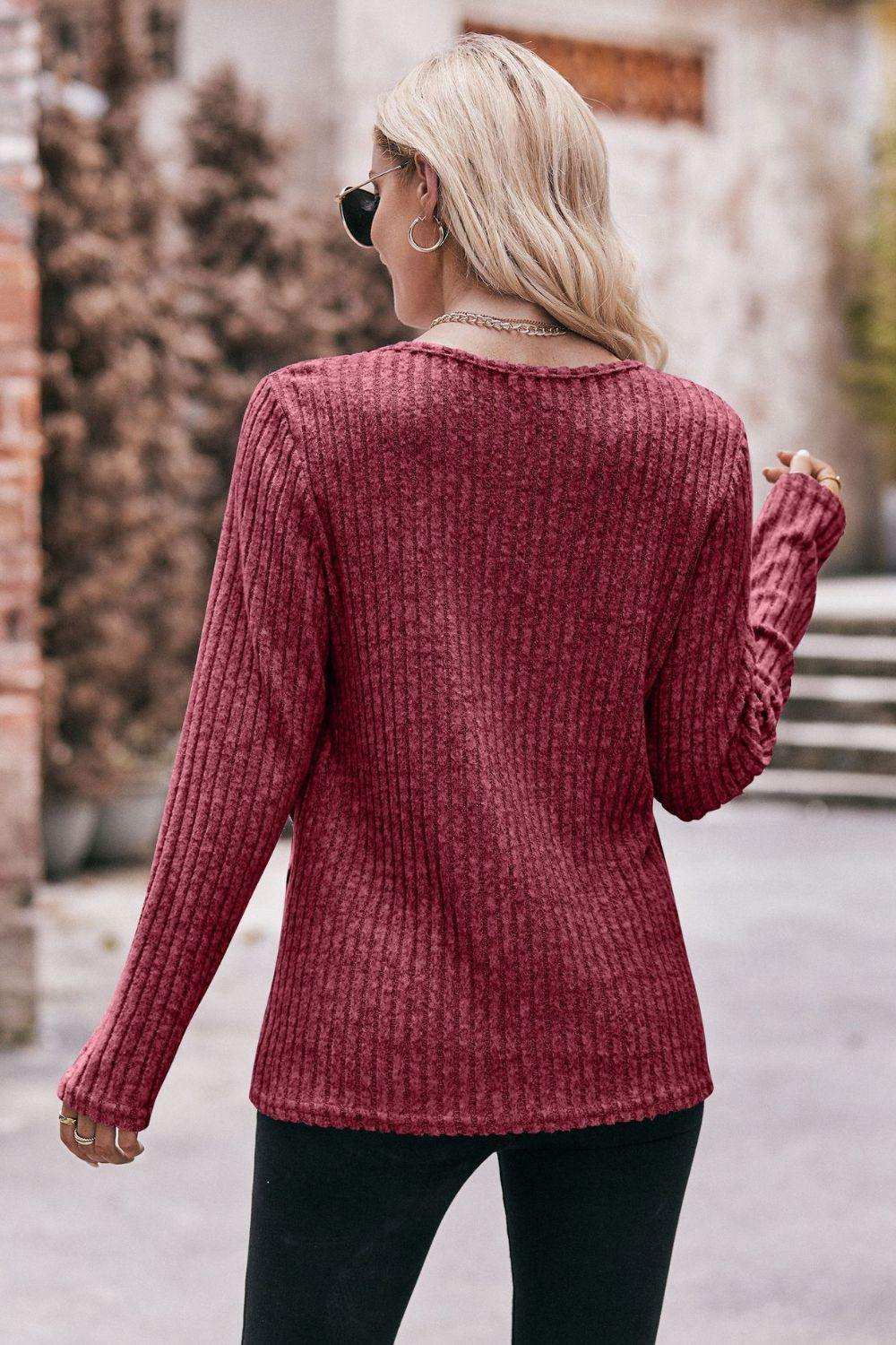 Buttoned Hem Detail Ribbed Top - Trendsi - Flyclothing LLC