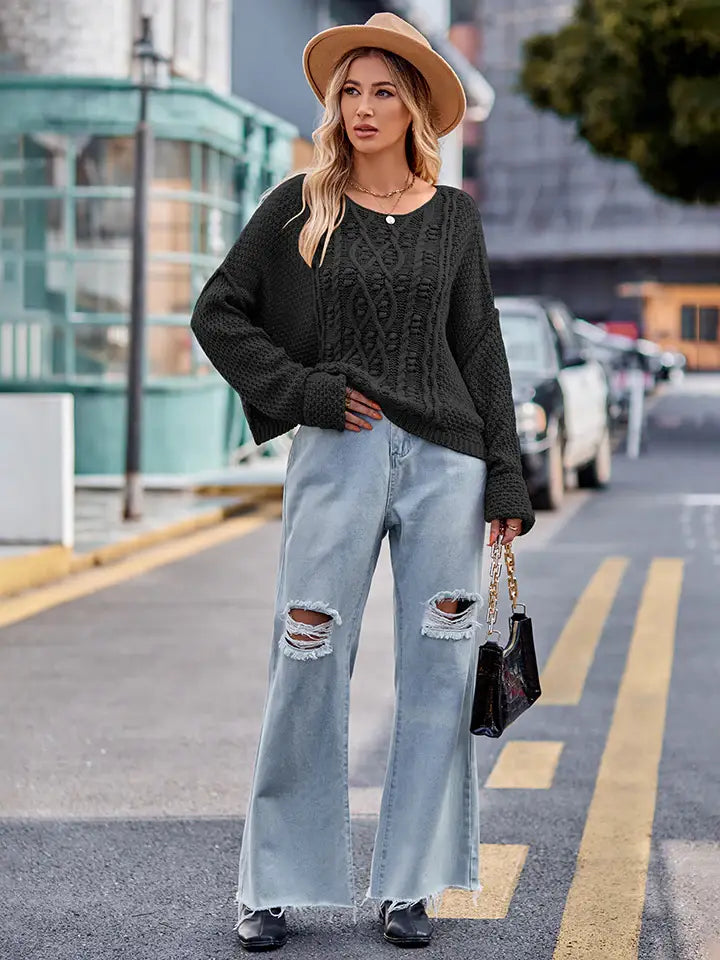Round Neck Cable-Knit Sweater - Trendsi - Flyclothing LLC
