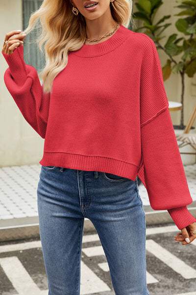 Round Neck Dropped Shoulder Sweater - Trendsi - Flyclothing LLC