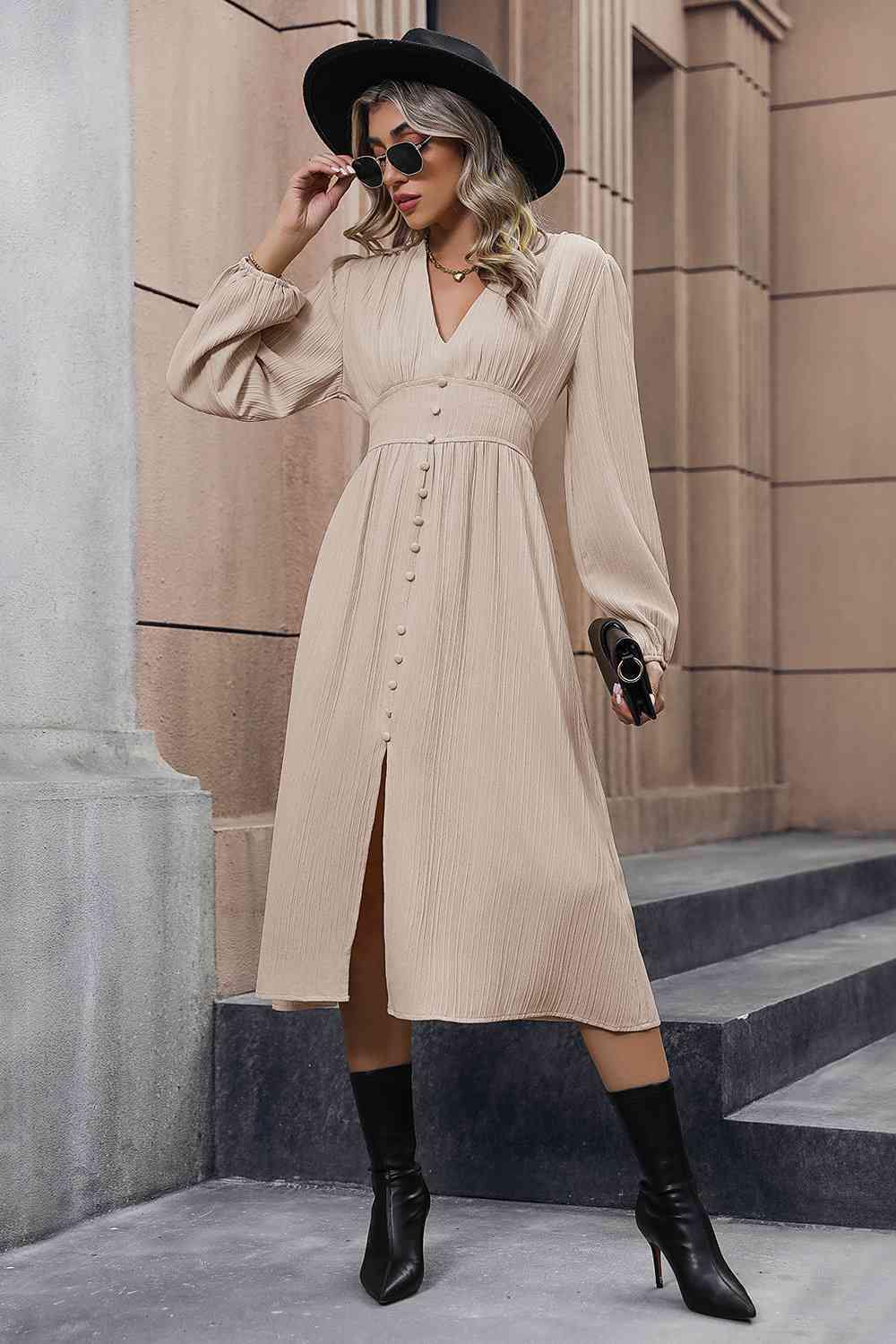 V-Neck Buttoned Slit Dress - Flyclothing LLC