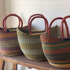 Bolga Tote, Mixed Colors with Leather Handle - 18-inch - Gitzell