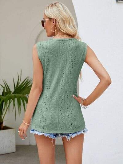 Eyelet Lace Detail V-Neck Tank - Trendsi - Flyclothing LLC