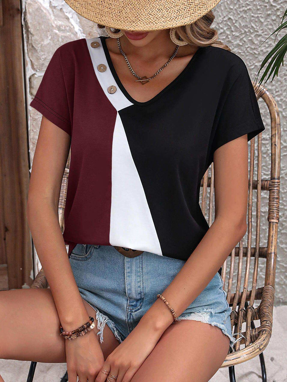 Color Block Decorative Button V-Neck Tee - Trendsi - Flyclothing LLC
