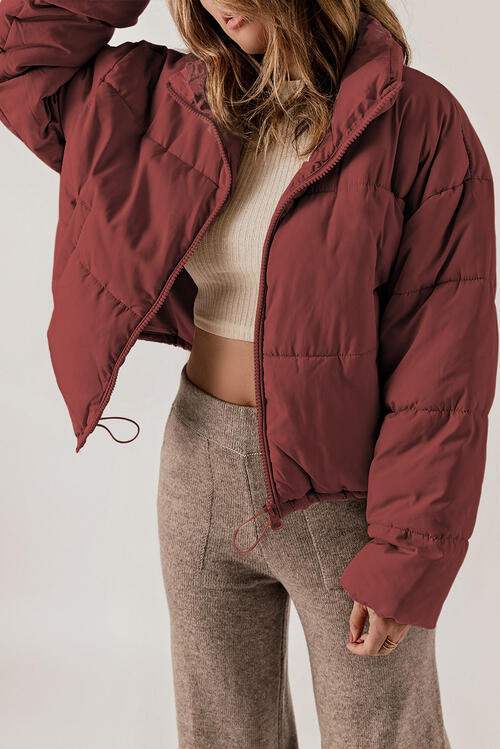 Zip Up Collared Neck Long Sleeve Winter Coat - Trendsi - Flyclothing LLC