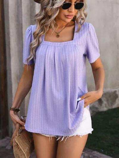 Ruched Square Neck Short Sleeve Blouse - Trendsi - Flyclothing LLC