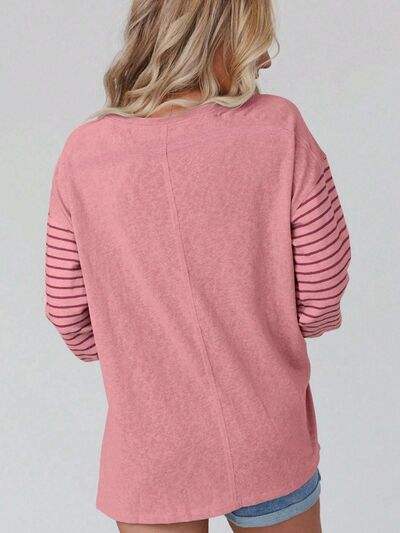 Round Neck Striped Long Sleeve Slit T-Shirt - Trendsi - Flyclothing LLC