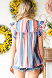 Multicolored Stripe Flutter Sleeve Blouse - Trendsi