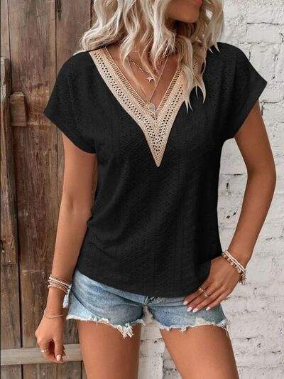 Eyelet V-Neck Short Sleeve T-Shirt - Trendsi - Flyclothing LLC