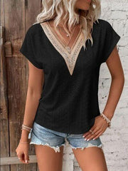 Eyelet V-Neck Short Sleeve T-Shirt - Trendsi