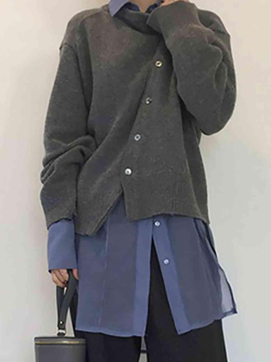 Dropped Shoulder Buttoned Cardigan - Trendsi