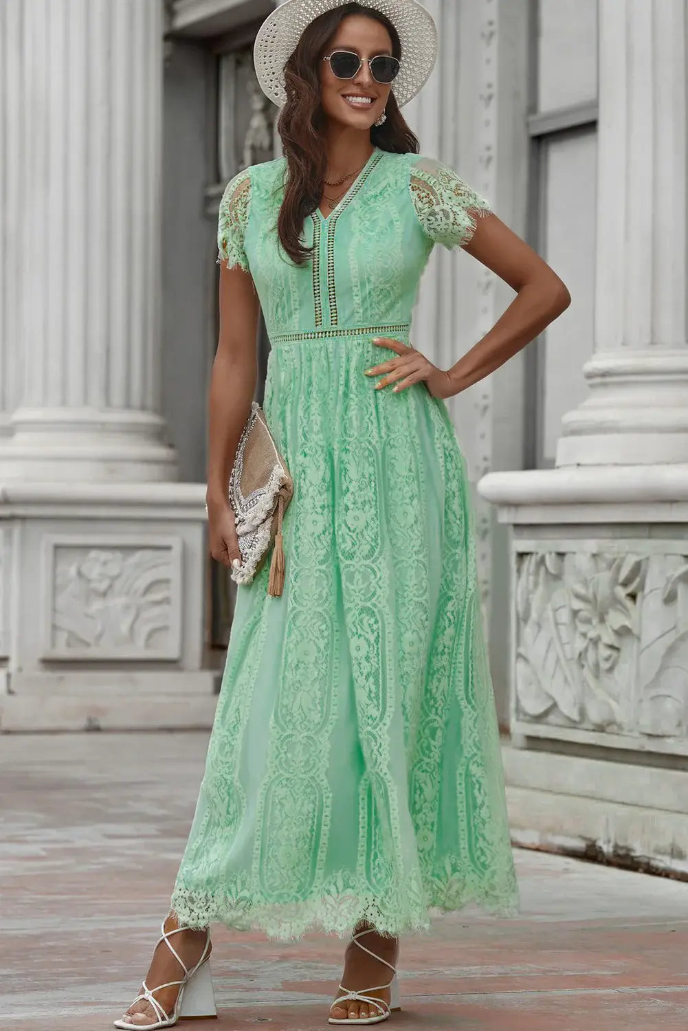 Scalloped Trim Lace Plunge Dress - Trendsi - Flyclothing LLC