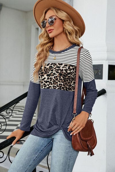 Leopard Striped Round Neck T-Shirt - Trendsi