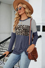 Leopard Striped Round Neck T-Shirt - Trendsi