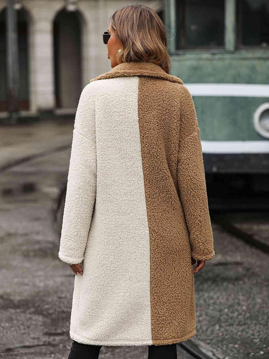 Contrast Dropped Shoulder Sherpa Coat - Trendsi