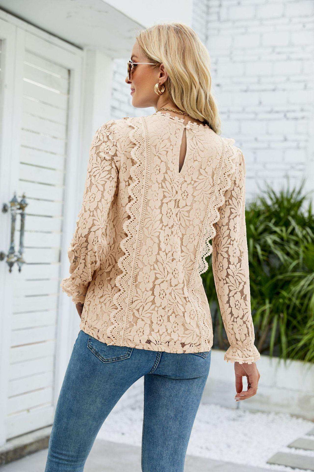V-Neck Flounce Sleeve Lace Top - Trendsi - Flyclothing LLC