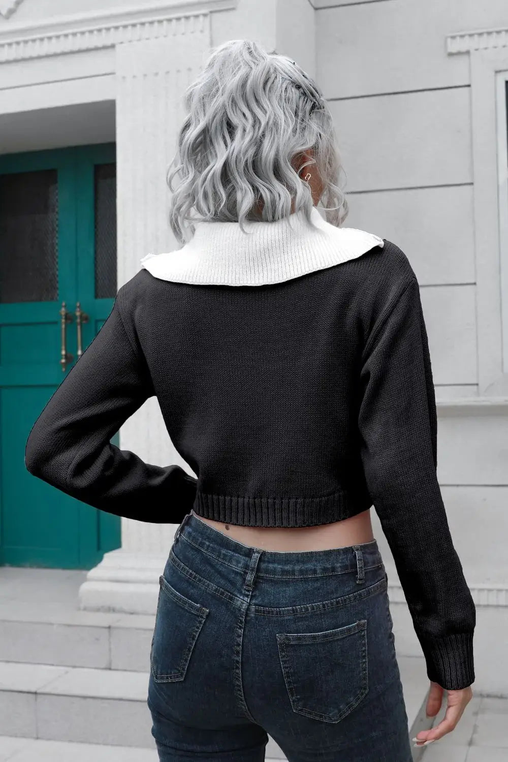 Contrast Collared Cropped Sweater - Trendsi - Flyclothing LLC