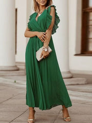 Tied Surplice Cap Sleeve Pleated Dress - Trendsi