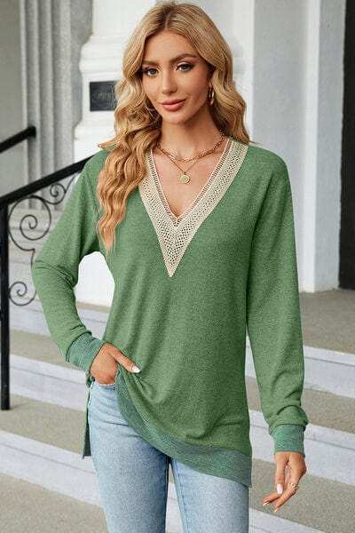 Slit V-Neck Long Sleeve T-Shirt - Trendsi - Flyclothing LLC