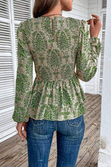 Smocked Printed Balloon Sleeve Blouse - Trendsi - Flyclothing LLC