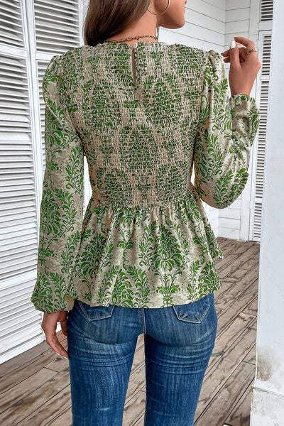 Smocked Printed Balloon Sleeve Blouse - Trendsi - Flyclothing LLC