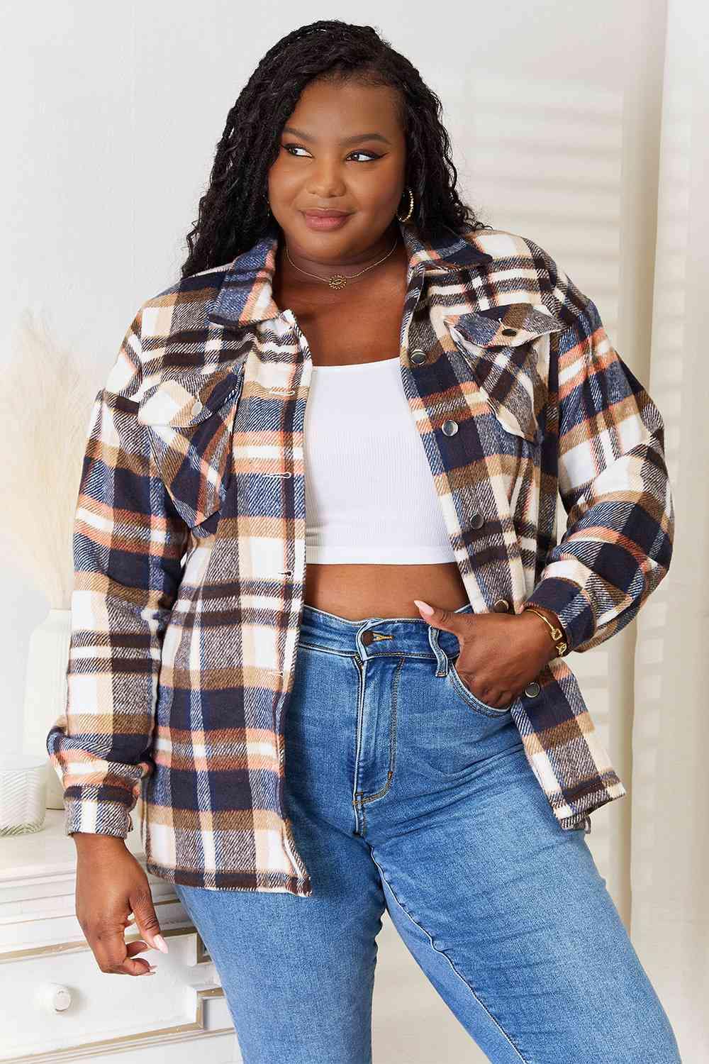 Double Take Plaid Button Front Shirt Jacket with Breast Pockets - Trendsi