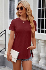 Eyelet Slit Round Neck Short Sleeve T-Shirt - Trendsi - Flyclothing LLC