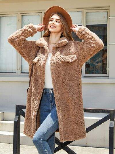 Texture Button Up Dropped Shoulder Coat - Trendsi - Flyclothing LLC