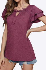 Tie-Neck Layered Flutter Sleeve Blouse - Trendsi - Flyclothing LLC