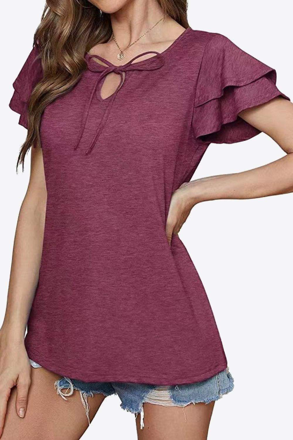 Tie-Neck Layered Flutter Sleeve Blouse - Trendsi - Flyclothing LLC
